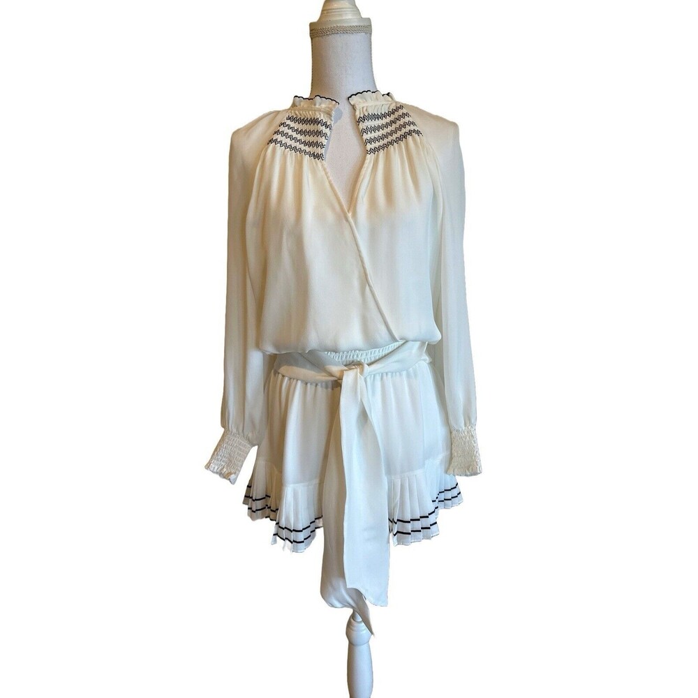 Parker Women's S White Preppy Long Sleeve Mini Dress Smocked Pleated Skirt Small